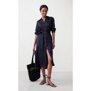 Banana Republic Navy Blue Tie-Waist Midi Shirtdress Size L Long Sleeve Classic